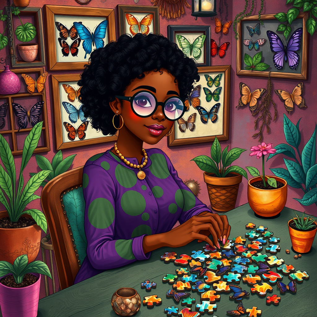 A vibrant and whimsical illustration of an african american woman sitting at a table working on a colorful jigsaw puzzle. she is wearing round glasses, and patterned clothing in shades of purple and green.  The background features an eclectic collection of framed butterflies, potted plants, and other natural elements, creating a warm and inviting atmosphere. The style is playful and modern, with rich textures, intricate details, and a lively color palette.