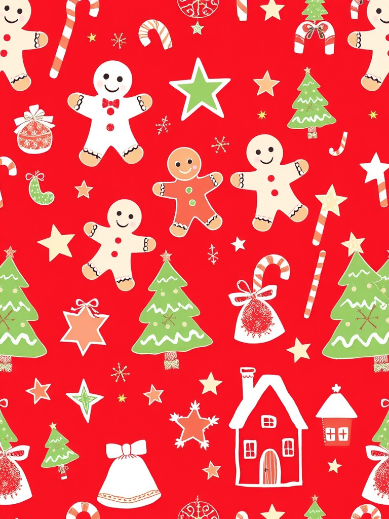 Create a seamless pattern featuring festive holiday elements on a red background include gingerbread men candy canes Christmas trees stars bells and small houses in a whimsical hand-drawn style