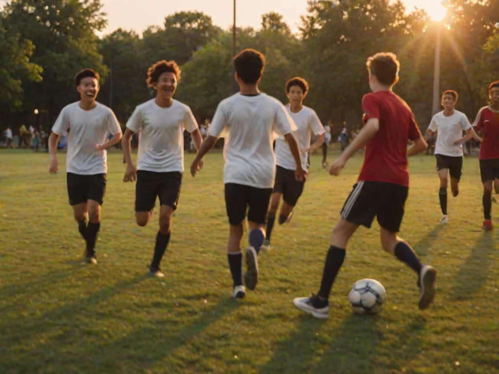 Blurry, candid shot of a group of teenagers playing soccer in a park at dusk, soft shadows stretching across the field, the sound of laughter and playful shouts filling the air, distant city lights twinkling as the sun sets.