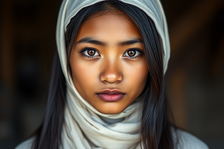 Create a portrait of a young Cambodian woman with long, dark hair and captivating hazel eyes. She is wearing a white headscarf and a matching scarf draped gracefully around her neck. The background is softly blurred, focusing attention on her serene and natural expression. The overall color palette is muted and warm, enhancing the intimate and authentic feel of the portrait.