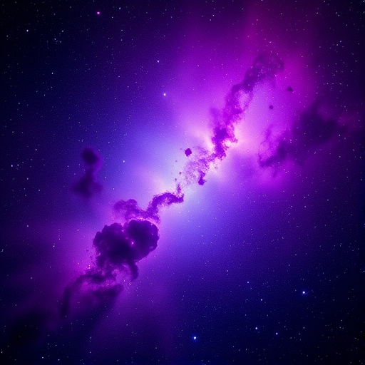 Create a vibrant cosmic nebula scene with purple and blue hues, featuring a dynamic star field, using a wide-angle lens, f/2.8 aperture, ISO 800, 20-second exposure, shot with a full-frame DSLR camera.