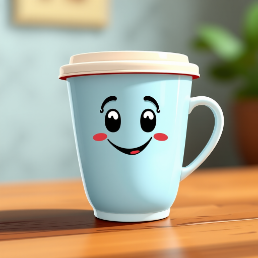 Create a high-resolution illustration of a cartoon coffee cup with a smiling face, using a DSLR camera at f/8 aperture, 50mm lens, with a shallow depth of field, and soft diffused lighting to enhance the colors and details.