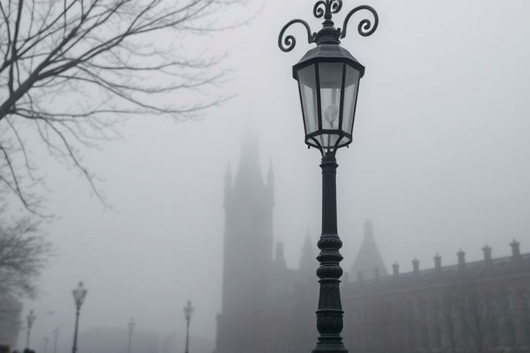 Regenerate the image of a foggy cityscape featuring an ornate lamp post in the foreground with a historic building partially obscured by mist, using a DSLR camera with a 50mm lens, f/1.8 aperture, ISO 200, and a low angle shot to enhance depth and clarity.
