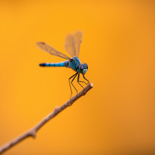 macro shot of a blue dragonfly perched on a twig with a blurred warm background, f/2.8 aperture, 100mm lens, ISO 200, natural light, shallow depth of field, DSLR camera