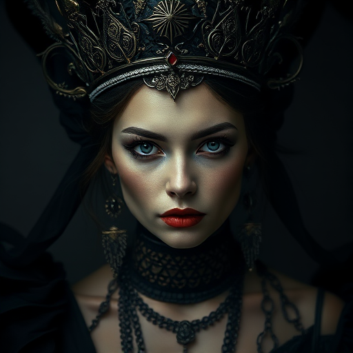 portrait of a dark fantasy queen with intricate crown and mystical accessories, soft lighting with a moody atmosphere, ISO 100, f/2.8, 85mm lens, shallow depth of field, Nikon D850, studio lighting setup, high-resolution detail