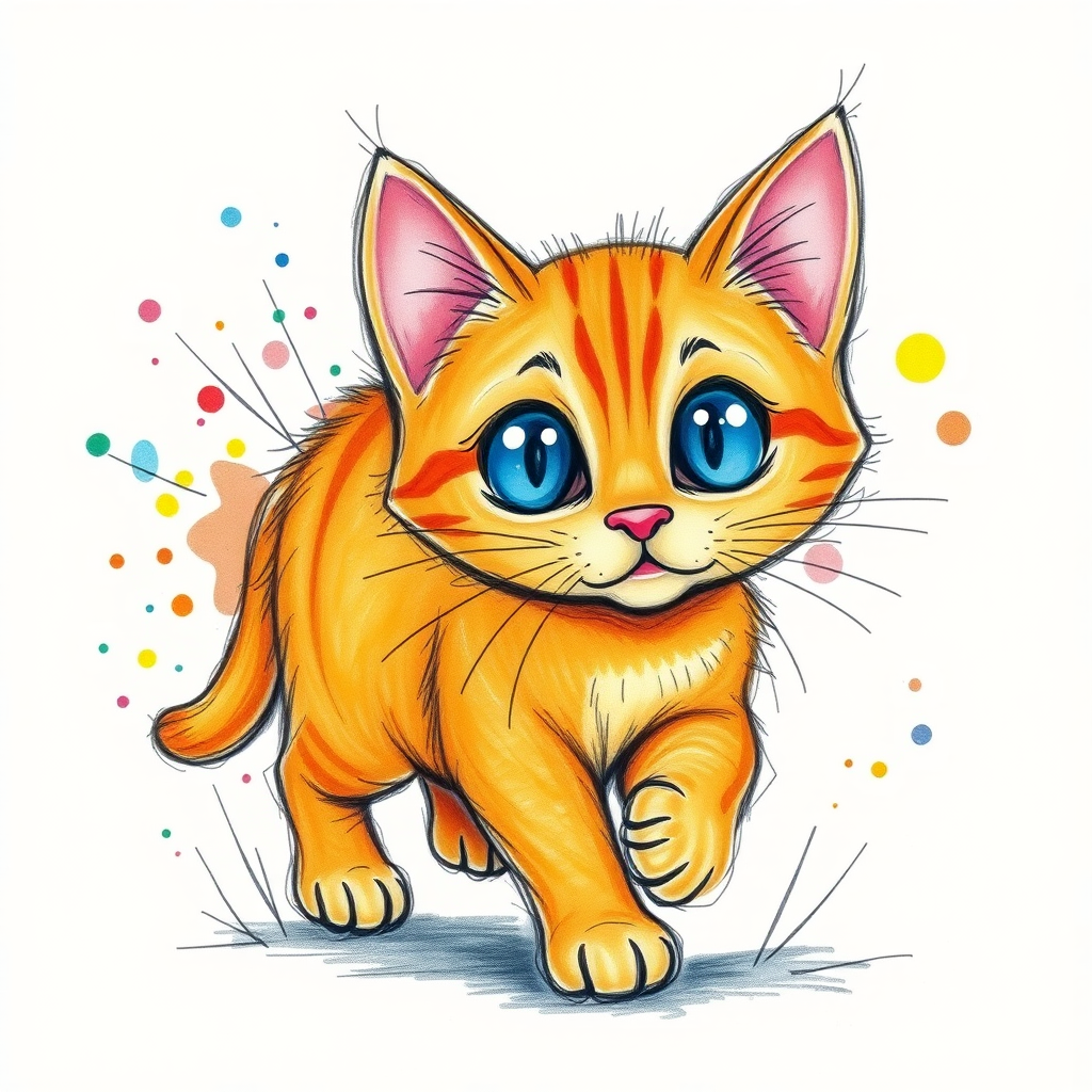 A vibrant childs coloured pencil drawn illustration of a bright orange cat with large, expressive blue eyes, a very cute style. The cat appears to be walking towards the viewer, surrounded by an abstract splash of colors and fine black lines, giving the image a dynamic and artistic flair. The background is a soft beige, highlighting the cat's vivid coloration and playful demeanor. Naively drawn scratchy line style.