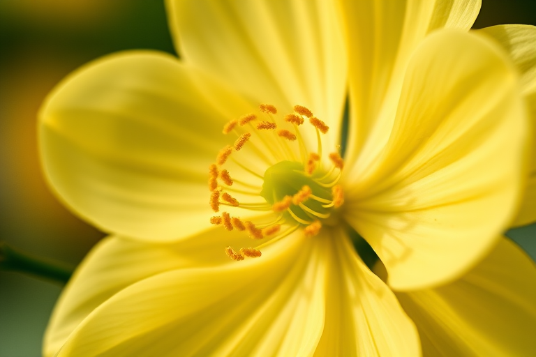 close-up of a pale yellow flower with a dense cluster of golden stamens in the center, soft bokeh background, taken with a DSLR camera, 50mm lens, aperture f/2.8, ISO 100, natural light.