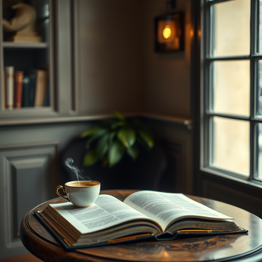 Soft-focus image of an inviting cafecorner, with an antique table, a steaming cup of coffee, and an open book resting on the surface, soft light creating a cozy atmosphere.