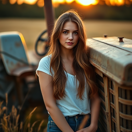 portrait of a young woman with long brown hair leaning against an old tractor in a golden field during sunset, soft focus, aperture f/2.8, ISO 100, 50mm lens, shallow depth of field, natural lighting