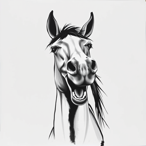 Abstract black and white acrylic portrait of an over exaggerated laughing (horse). Minimalism style. White background.