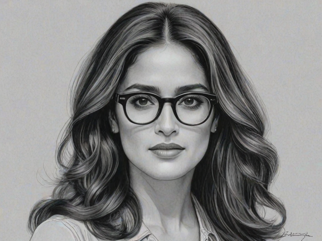 Radiant Salma Hayek, pencil sketch, portrait of Beauteous woman 1937s in glasses, hair style beatnik, outline, clear lines, fine lines, 8k