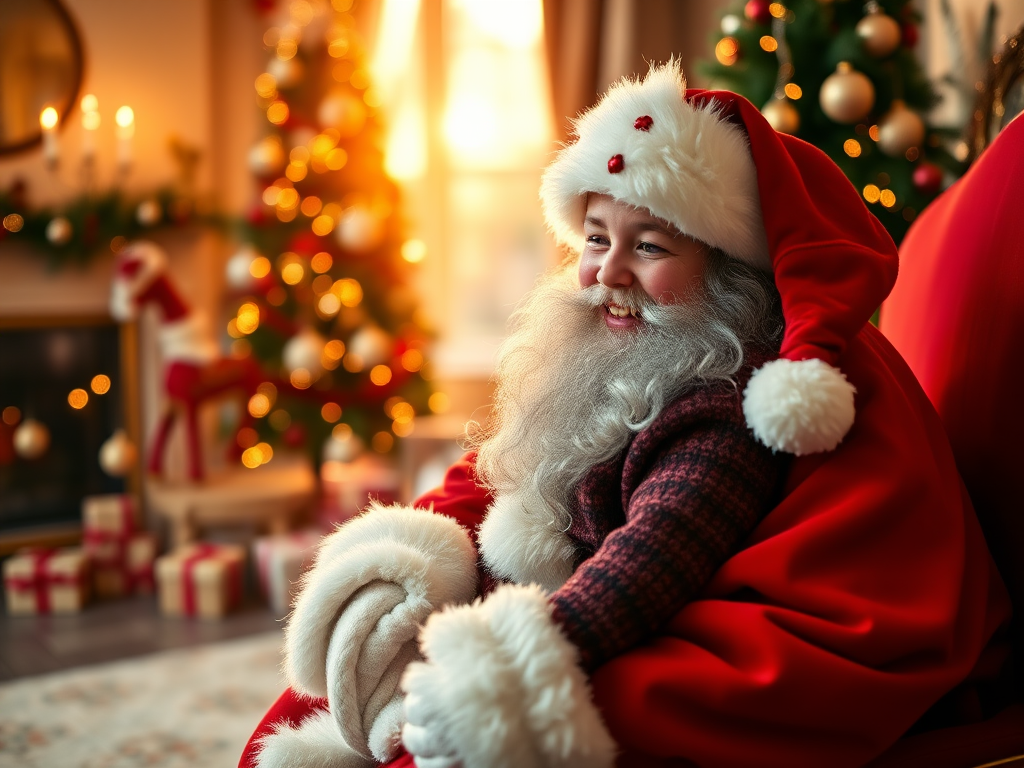 a joyful child sitting on Santa's lap in a beautifully decorated room with a Christmas tree in the background, soft focus, golden hour lighting, 85mm lens, f/1.4 aperture, ISO 200, shallow depth of field, vibrant colors, warm atmosphere, high detail