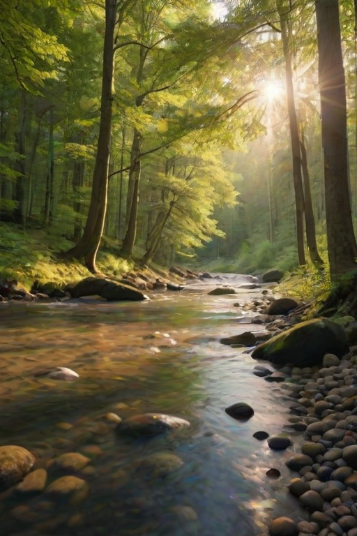 Create an image of a serene, sunlit forest scene with a clear, gently flowing river. Tall trees with lush green foliage line both sides of the river, their leaves bathed in the warm golden light of the setting or rising sun. The sunlight filters through the trees, casting soft, dappled light on the river, which flows over smooth rocks and pebbles, creating a peaceful, natural atmosphere. The sky is bright with a few scattered clouds, and the overall mood is tranquil, evoking a deep sense of connection with nature. The image captures the beauty of a calm, pristine forest landscape at either dawn or dusk.