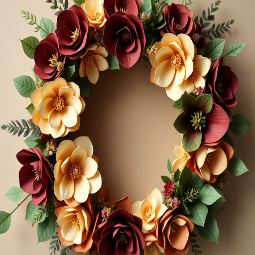 Create a high-resolution image of a circular floral wreath featuring layered paper flowers in various colors including burgundy, cream, and green, with intricate leaves and small floral accents, shot from a top-down perspective using a Canon EOS R5, aperture f/8, ISO 100, 50mm lens, soft natural lighting to enhance textures and details.