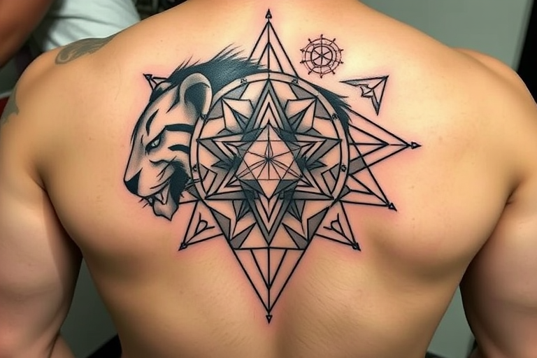 Geometric animal tattoo, "Sacred Geometry Beast," combining sharp lines and perfect shapes to form a majestic animal like a lion or elephant, incorporating sacred geometry patterns and symbols within the design, ideal for a large-scale back or chest piece