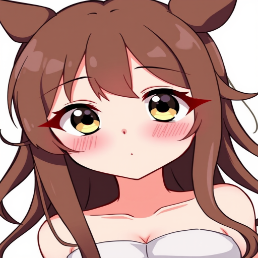 boop, 1girl, brown hair, long hair, solo, pretty, wide eyes, upper body, medium breasts, white background, blush