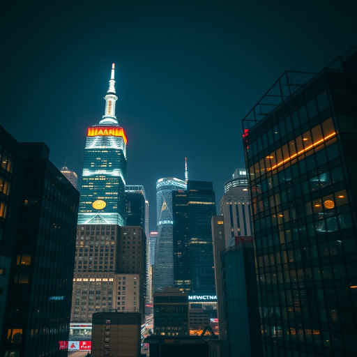 City skyline at night with a bright, glowing electric plug connecting two buildings, capturing vibrant colors and textures, shot with a DSLR camera at f/8 aperture, ISO 200, 24mm lens, and a wide-angle view for dramatic effect.