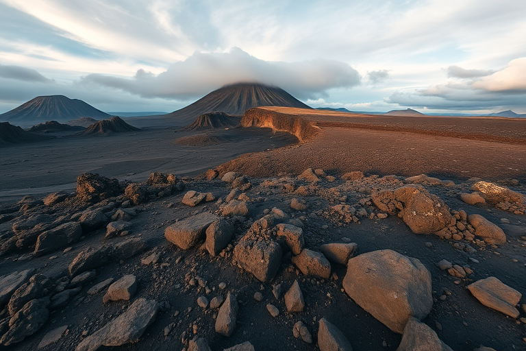 capture a wide-angle view of a volcanic landscape with rocky terrain and a cloudy sky, using a Canon EOS R5, 24mm lens, f/11 aperture, ISO 100, shot in natural light at dawn to enhance colors and details