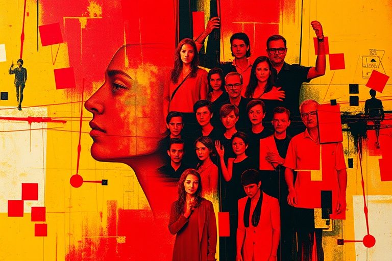 Create an abstract art image with vibrant red, yellow, and black colors featuring distorted human figures, using a Canon EOS R5, 50mm lens, f/1.8 aperture, 1/100 sec shutter speed, and an ISO of 100 for high dynamic range and clarity.