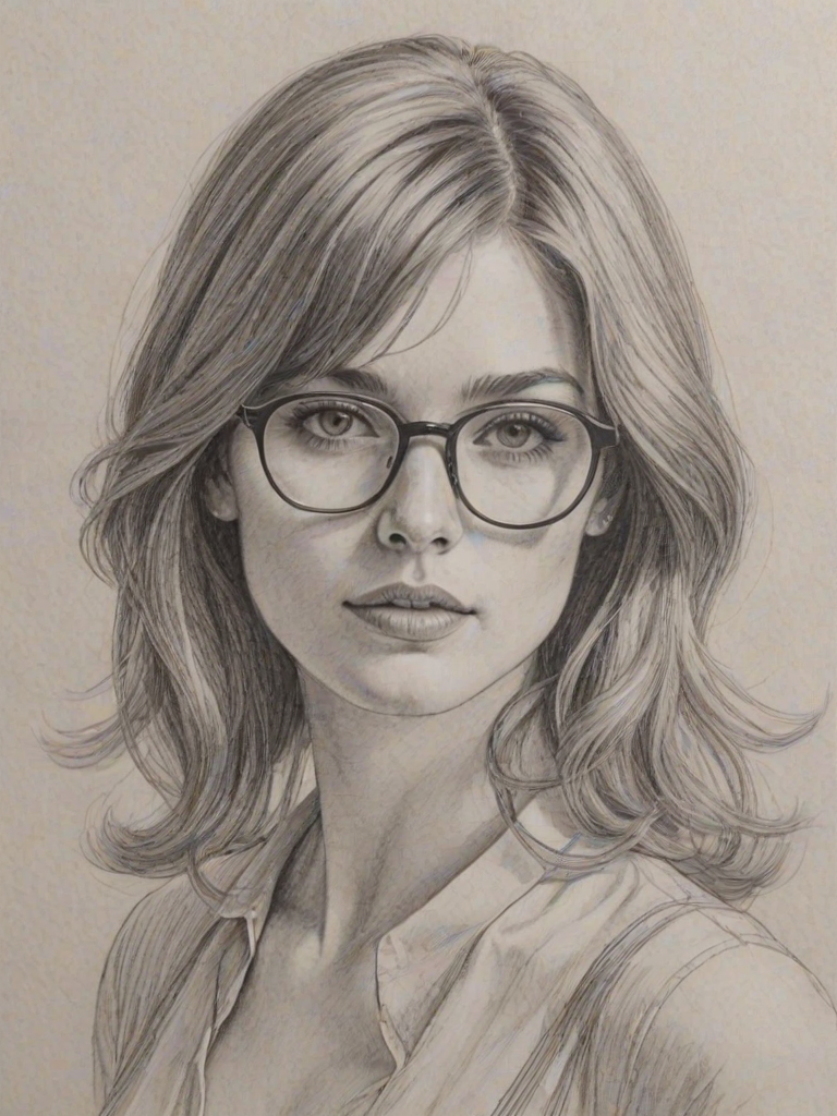 Comely Hannah Arterton, pencil sketch, portrait of Enticing woman 1975s in glasses, hair style beatnik, outline, clear lines, fine lines, 8k