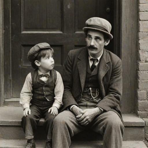 A black-and-white photograph of a man and a child sitting on steps in front of a doorway. The man is dressed as a tramp with a bowler hat, mustache, and ragged clothes, reminiscent of Charlie Chaplin's iconic look. He is sitting with his arms crossed and an expression of slight sadness or frustration. Next to him is a young boy, also in worn clothes and a cap, sitting with his hands clasped, looking thoughtful. The background is an old, textured wall and a partially open door, creating a vintage, early 20th-century atmosphere.