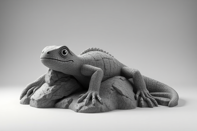 create a highly detailed 3D render of a cartoonish rock formation shaped like a lizard, with intricate textures and shadows, using a Canon EOS R5 camera with a 50mm f/1.2 lens, aperture set to f/8, ISO 100, and a focal length of 50mm, in a well-lit studio environment with soft diffused lighting to enhance clarity and depth