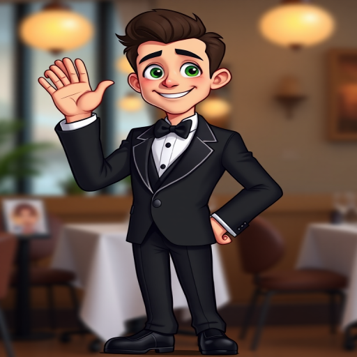 Generate a high-quality image of a cartoonish male character in a tuxedo, styled as a friendly waiter, standing with one hand raised in a welcoming gesture, using a DSLR camera setting of f/2.8, 1/60 sec, ISO 100, in a portrait view with a soft focus background to enhance the subject.