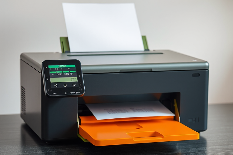 Create a high-resolution image of a colorful printer with a sheet of paper partially ejected, using a DSLR camera with a 50mm lens, aperture set at f/2.8, ISO 100, in a well-lit studio setting with a shallow depth of field.