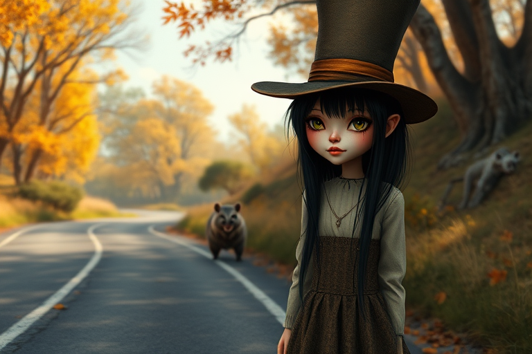 digital art fantasy depicting a strange girl with black hair, long eyelashes, Yellow lipstick and a tall hat walking along a winding road on an autumn afternoon, an Numbat smiles as she passes