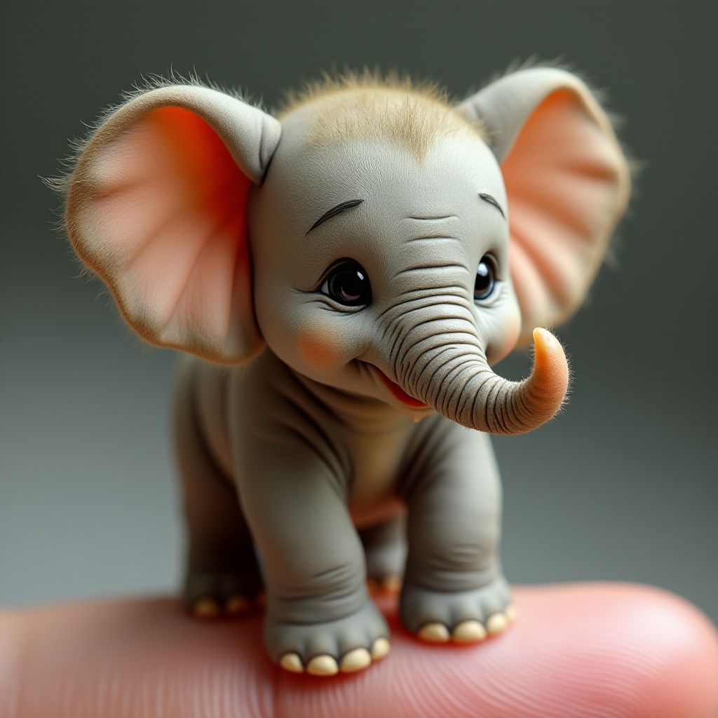 An extremely hyper-realistic elephant, its whole body fits perfectly in someone's finger. The elephant has rare colors and is extremely adorable. The elephant is extremely cute, making it eye-catching when enlarged. And standing on 2 legs