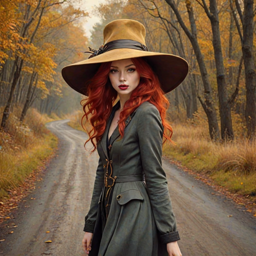 digital art fantasy depicting a strange girl with red hair, long eyelashes, Yellow lipstick and a tall hat walking along a winding road on an autumn afternoon, an Bongo smiles as she passes