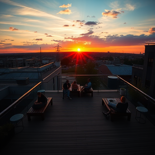 sunset view from an architectural rooftop with silhouettes of people lounging on a wooden deck, captured with a Canon EOS R5, 24mm lens, f/8 aperture, ISO 200, 1/60 sec, wide-angle shot, vibrant colors and high dynamic range