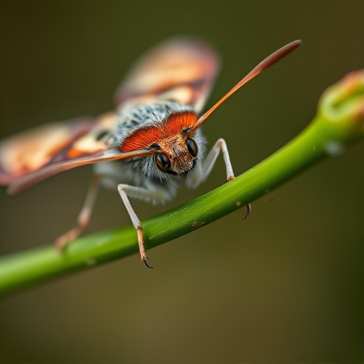 Capture a close-up of a colorful moth on a green stem with a blurred background using a macro lens at f/2.8, ISO 100, 1/200 sec, natural light, DSLR camera, focusing on the moth's intricate patterns and textures.