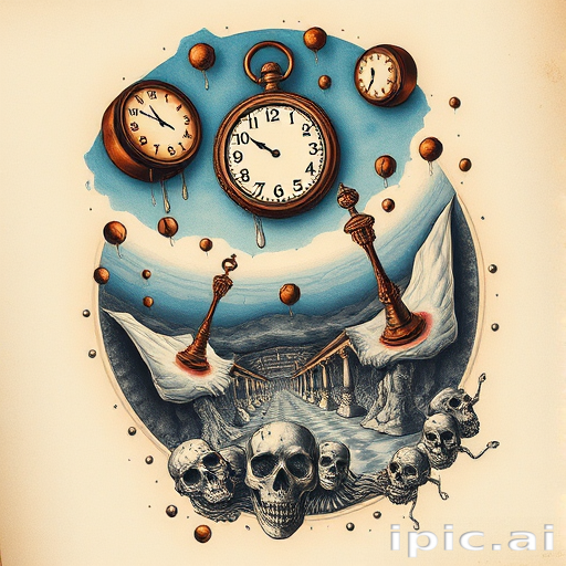 Surrealist tattoo design called "Dreamscape Fusion" depicting melting clocks, floating objects, and distorted perspectives in a Salvador Dali-inspired dreamlike scene