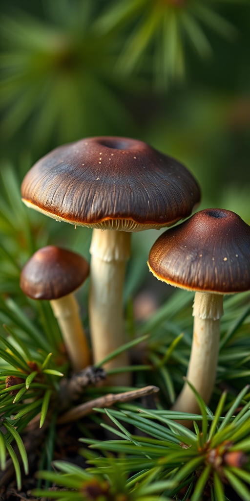 Create a vibrant digital illustration of three mushrooms with dark brown caps and pale stems surrounded by green pine needles, using a Canon EOS R5 with an 85mm lens, f/1.4 aperture for a shallow depth of field, natural soft lighting, and a focus on textures to enhance quality.
