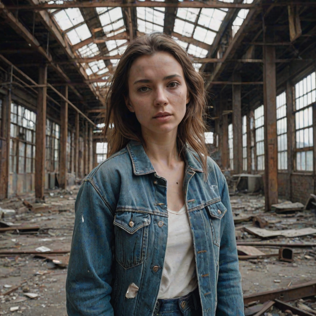 Abandoned factory, with broken windows and rusted metal beams, a woman in a denim jacket explores cautiously, her camera slung over her shoulder as she captures the decaying beauty of the space.