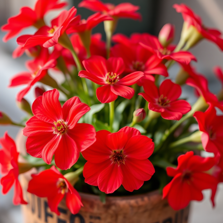 A close-up shot of a vibrant bouquet of red flowers in a rustic pot, natural lighting with a focus on the texture of the petals, aperture f/2.8, ISO 200, 50mm lens, DSLR camera, vibrant colors, shallow depth of field.