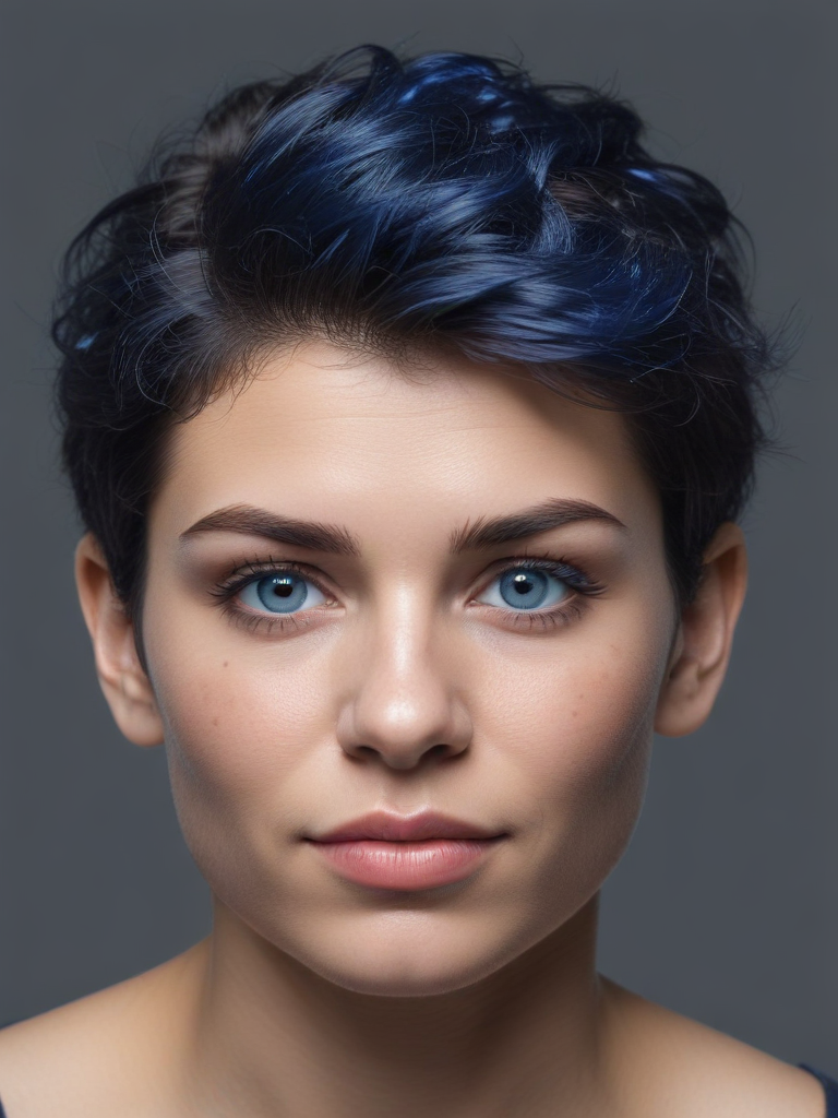 A Portrait of a Young Woman with Short Blue Hair and Striking Blue Eyes