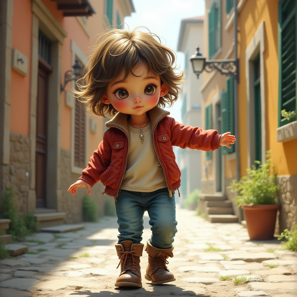 Whimsical little 3-year-old girl wearing scruffy tomboy clothes, boots, messy hair heavily blushed cheeks, pink lips, closely dancing in the street of an Italian village,Textured painterly fantasy artistic mixed media
