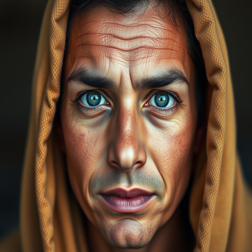 Create a detailed portrait of a person with expressive features, using an aperture of f/2.8, shutter speed of 1/125, ISO 100, taken from a close-up view, using a DSLR camera with a 50mm lens for enhanced sharpness and clarity.