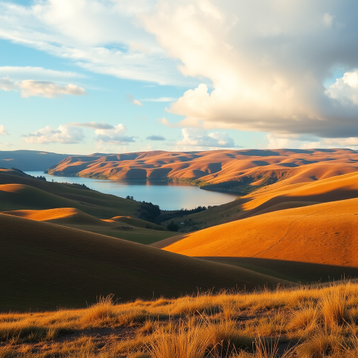 Create an image of a serene landscape featuring rolling hills, a calm lake reflecting the sky, with fluffy clouds above, using a Canon EOS R5 with a 24-70mm f/2.8 lens, aperture set to f/8, ISO 100, shutter speed at 1/125s, shot in golden hour for warm lighting and enhanced color saturation.