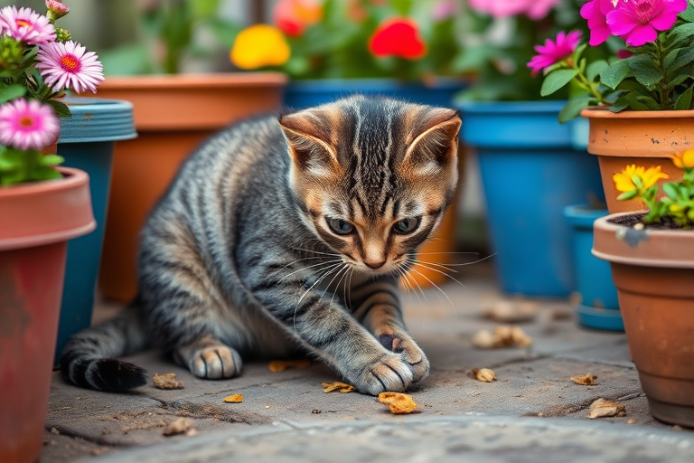A gray tabby cat playing with something on the ground surrounded by colorful flower pots, shot with a Canon EOS R5, 50mm lens, aperture f/2.8, ISO 200, in natural light, shallow depth of field, vibrant colors.