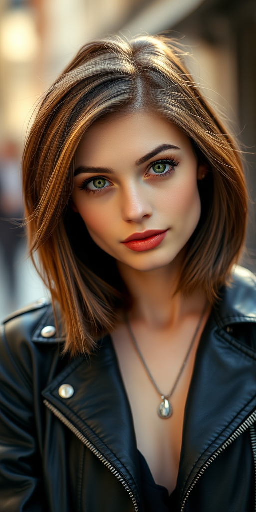 regenerate an image of a young woman with shoulder-length brown hair and striking green eyes, wearing a black leather jacket and a necklace, soft natural lighting, portrait shot, 50mm lens, f/1.8 aperture, ISO 100, with a shallow depth of field to blur the background and emphasize the subject's beauty