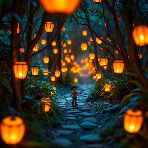 Create a whimsical scene featuring a small figure standing in a mystical forest filled with glowing lanterns and lush plants, captured with a Nikon D850 at f/2.8, ISO 200, 24mm lens, using a wide-angle view and soft focus style to enhance the ethereal ambiance.