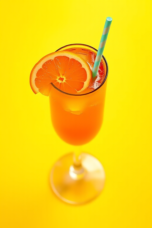Create an image of a vibrant cocktail in a tall glass with a slice of orange and a straw, flat design style, bright yellow background, shot with a Canon EOS R, aperture f/2.8, ISO 200, 50mm lens, top-down angle for clarity and detail.