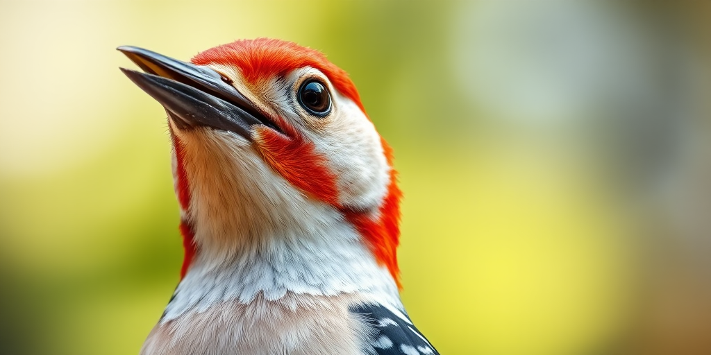 Capture a close-up portrait of a woodpecker with vibrant red head and intricate feather details, using a Canon EOS R5 camera, 85mm lens, f/1.8 aperture, ISO 100, 1/200s shutter speed, soft bokeh background with natural lighting.