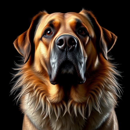 Regenerate an image of a large dog with a prominent fur collar against a black background, using a Canon EOS 5D Mark IV, aperture f/1.8, ISO 100, 85mm focal length, portrait view, high contrast lighting.