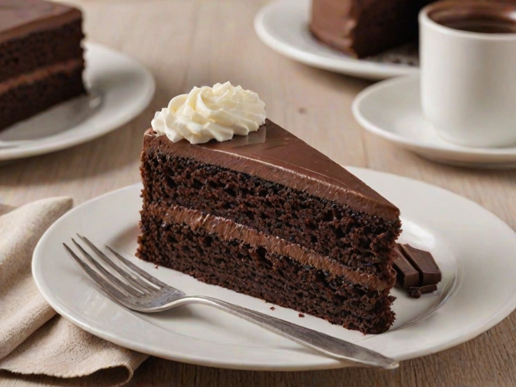 Create an image of a slice of rich chocolate cake with three layers, showcasing a smooth chocolate frosting between each layer. The cake should have a moist texture, and the scene should be inviting with a simple white plate and a soft background.