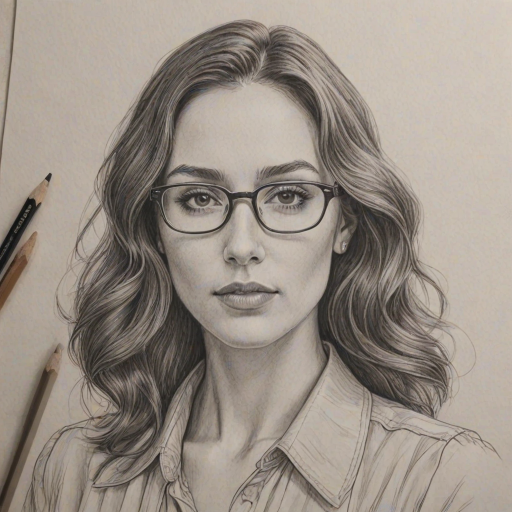 Graceful Troian Bellisario, pencil sketch, portrait of Superb woman 1942s in glasses, hair style beatnik, outline, clear lines, fine lines, 8k