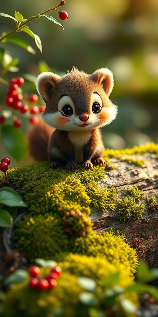 A cute cartoon-style animal resembling a small furry creature sitting on a log covered with moss, surrounded by lush greenery and small red berries, captured with a Canon EOS R5, 50mm f/1.2 lens, natural lighting, shallow depth of field for a dreamy background effect.